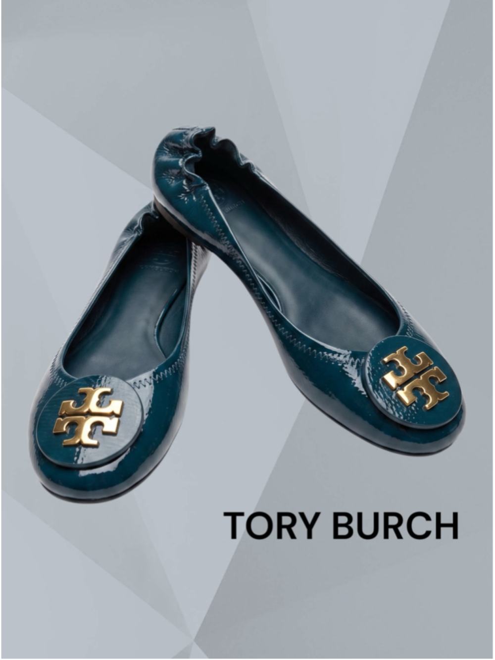 Tory Burch REVA Pebbled Patent Leather Ballet Flats, Dolphin Blue Gold 10
